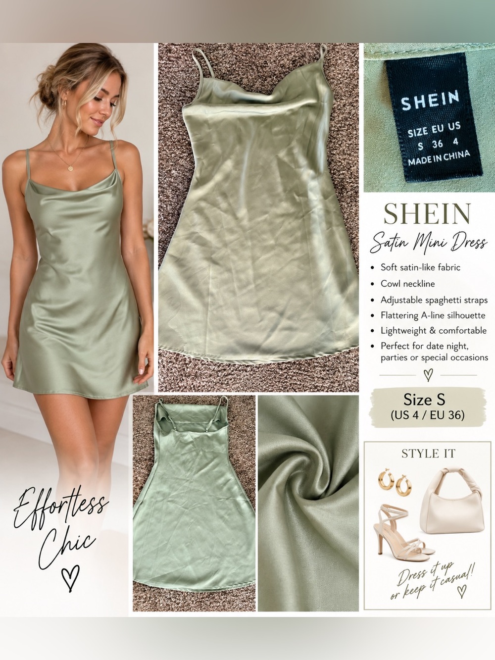 SHEIN Olive Satin Cowl Neck Mini Dress